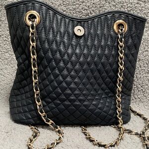 Quilted Dark Blue Leather Chain-Handle Tote